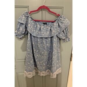 Zara‎ Embroidery Off Shoulder Tiered Ruffled Cotton Blouse Floral Blue S
